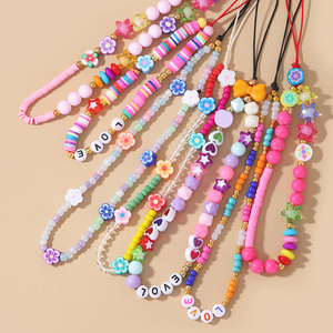 Fruit Letter Pearl Colorful Polymer Clay Acrylic Handmade Beaded Phone Chains Lanyard Wrist Straps Phone Lanyard Strap