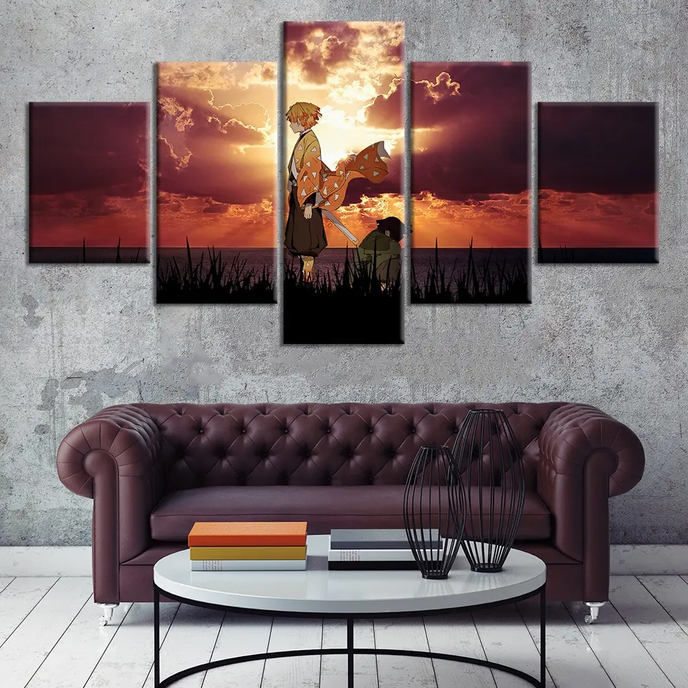 5 Stuk En 3 Stuk Anime Demon Slayer Agatsuma Zenitsu Poster Mooi Landschap Zonsondergang Olieverf Canvas Wall Art Decor