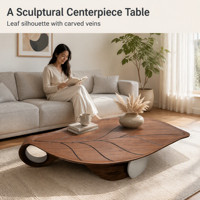 Table basse extensible écologique en bois massif avec veines noires, bord surélevé, piétement et incrustation crème – Mobilier moderne pour la maison