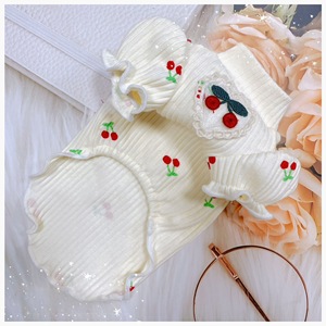 Ropa para mascotas con estampado de cerezas, para perros pequeños Teddy Bichon Frise, tejida, de alta elasticidad, con mangas abullonadas, capa base, color albaricoque, para las cuatro estaciones - Product Image 4