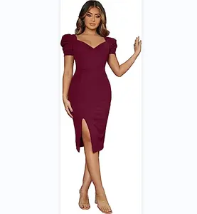 Latest Design V Neck Sexy Elegant Casual Dresses Short Sleeves Bodycon High Slit Front Hip Wrap Skirt Women Lady Casual Dresses