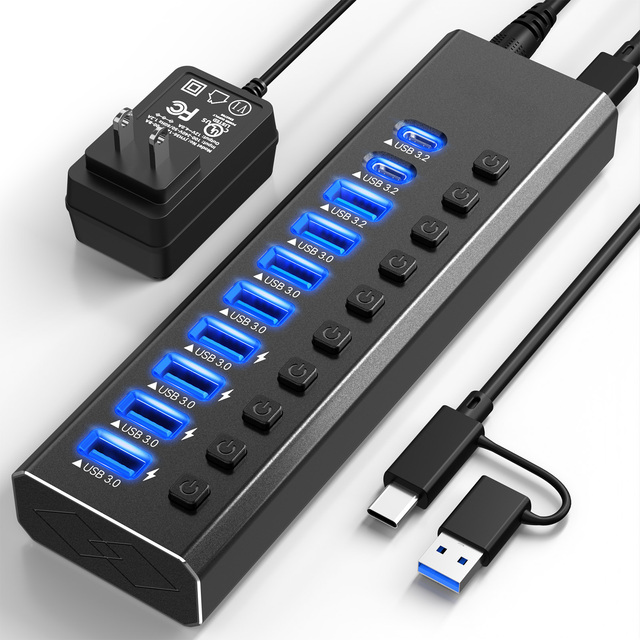 10 in 1 USB 3.2 Hub 10Gbps Dual Interface USB-A C Cable Individual on Off Switches Blue LED Indicator Hub for Laptop PC Desktop