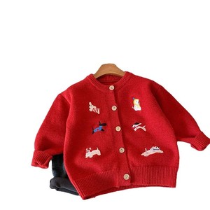 Tongxingyuan Children's Knitted Cardigan Red Embroidered Puppy Winter Sweater For Boys And Girls Size 2-8 Years - Product Image 5