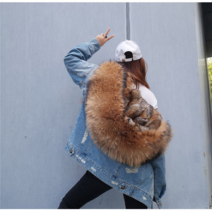 Parka in Denim cappotto in pelliccia Jeans Parka pelliccia di procione <span class=keywords><strong>giacca</strong></span> da donna con pelliccia di procione con cappuccio, abbigliamento invernale Plus Size - Product Image 5