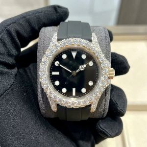 Montre automatique de luxe pour homme en acier inoxydable avec diamants Moissanite, cadran analogique semi-serti de saphirs et bracelet en caoutchouc - Product Image 1