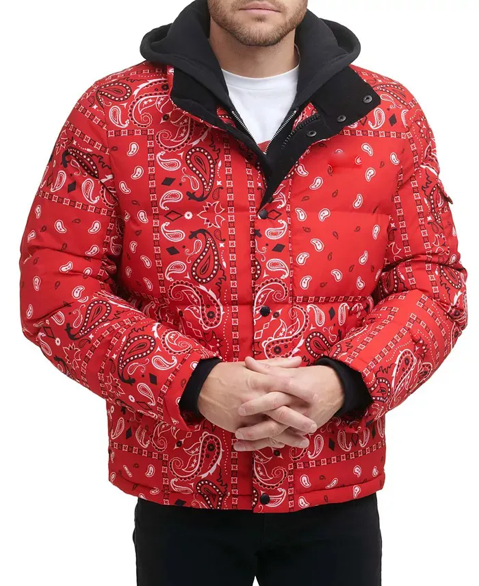 Men's Stand Collar Quilted Patterned Puffer Jacket Custom Red Bandana Paisley Coat