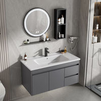 Meuble-lavabo mural gris personnalisé en gros, durable, à 3 tiroirs, avec vasque en céramique intégrée et armoire miroir LED