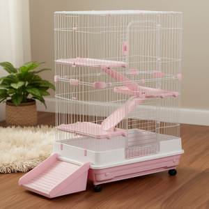 Cage pour petits animaux 32L à 4 niveaux, rose, avec roulettes et plateau coulissant pour lapin, chinchilla, furet - Product Image 2