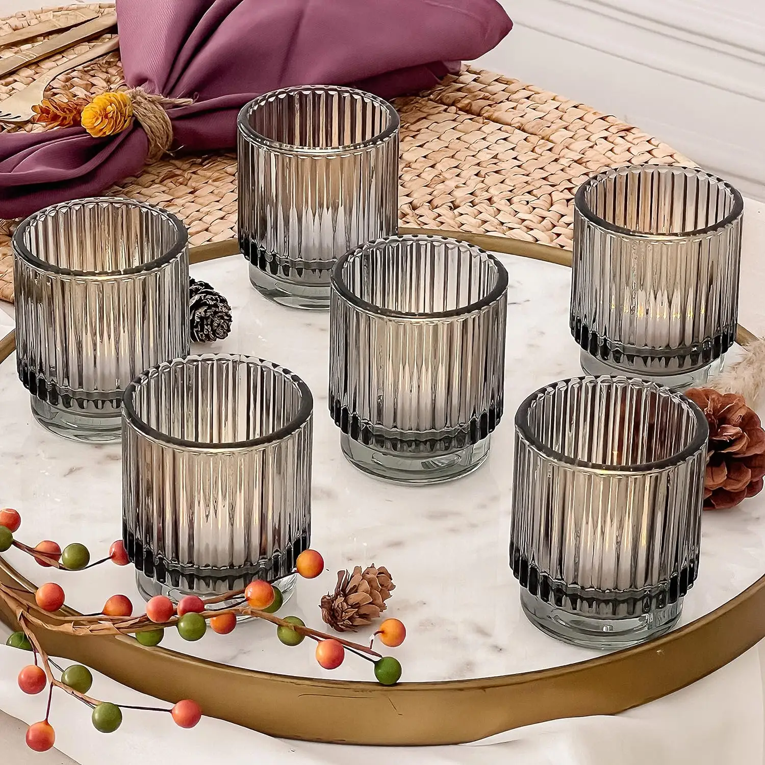 Commercio all'ingrosso barattoli di candela grigio moderno pieghettato personalizzato ristorante matrimonio votivo recipiente vasetto di vetro luce da tè