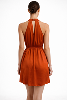 Robe en satin orange brûlé à col halter et décolleté en V, design original, élégante, mini, de luxe, pour femmes, pour soirée, robes personnalisées OEM