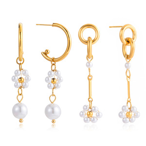 ต่างหูมุกทรงหยดน้ำประดับดอกไม้ ทอง 18K สแตนเลสสตีล เครื่องประดับสำหรับผู้หญิง สวมใส่ได้ทุกวัน - Product Image 5