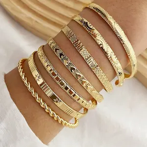 HSJ-32 Wholesale Fashion Women Hand Cuff Open Hand Jewelry Set Metal 7pcs Gold Metallic Alloy Bangle Bracelet Kit