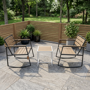 Conjunto moderno de sillas mecedoras para exteriores con dos sillas y mesa auxiliar, estructura metálica, listones de madera PS, muebles de jardín - Product Image 1