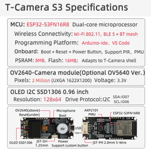 [สิ่งที่ผู้สร้างต้องมี] LILYGO T-<span class=keywords><strong>Camera</strong></span> S3 ESP32-S3 บอร์ดพัฒนาสมาร์ทวิชั่น |   กล้องคู่ OV2640/OV5640 + จอ OLED ขนาด 0.96 นิ้ว - Product Image 6