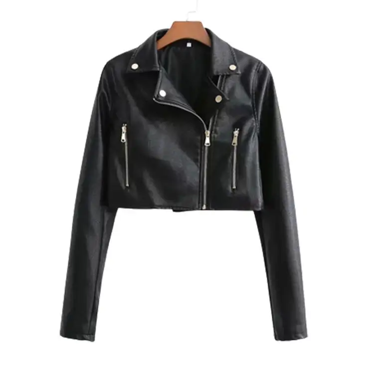 Nueva moda mujer Sexy Slim recortada abrigo manga larga cintura alta motocicleta s negro Pu cuero