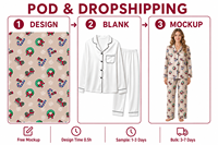 Ensemble de pyjama pour femme en satin de polyester, personnalisé, beige, avec motif de couronne de Noël printanière et canne à sucre, col cranté sur le devant, POD MOQ 1PC