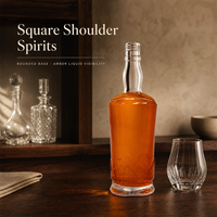 Bouteille de liqueur en verre transparente à épaule carrée et base ronde avec gaufrage montagne, impression d'étiquettes personnalisées, vente en gros OEM