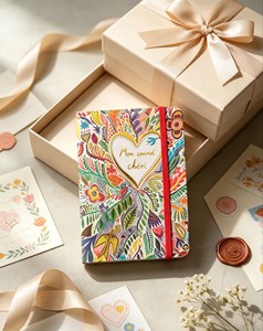 Carnet de notes à couverture rigide multicolore style bohème, motif floral et feuilles colorées, avec cœur en feuille d'or, idéal pour la Saint-Valentin et les mariages, vente en gros - Product Image 2