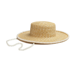 Primavera Verão Estilo francês Pérolas Cadeia Palha Flat Top Chapéu De Palha Proteção Solar Praia Chapéu Para As Mulheres - Product Image 2