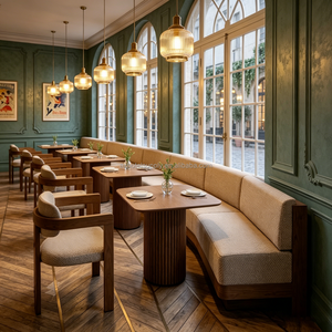 Ensemble de banquettes et tables de restaurant de style <span class=keywords><strong>vintage</strong></span>, banc en tissu tissé, table basse à base en bois cannelé pour cafétéria, <span class=keywords><strong>bistrot</strong></span> - Product Image 2