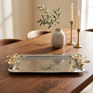 Plateau de service de luxe bicolore en acier inoxydable avec bordure dorée, plateau à café et thé en métal avec poignées gravées pour la décoration intérieure - Product Image 5