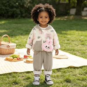 Completo Casual Autunno Inverno per Ragazze: Giacca con Cappuccio e Zip con Stampa Coniglio e Pantaloni in Maglia Felpati con Polsini in <span class=keywords><strong>Pile</strong></span> - Product Image 3
