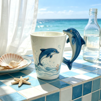 Mug en céramique OEM avec poignée dauphin 3D, logo personnalisé imprimé, tasse à café en porcelaine motif vague marine, vente en gros, vaisselle créative sur le thème de l'océan