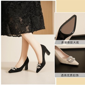 Escarpins noirs en daim à bout pointu avec décoration en strass, talon bloc, chaussures de bureau, taille 35 - Product Image 5