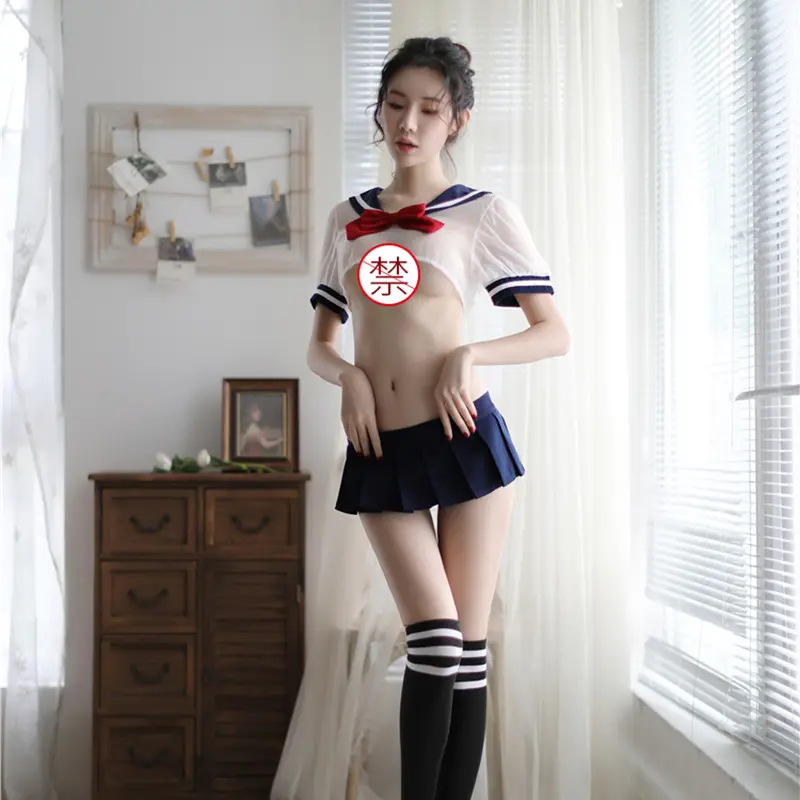 Women Girls Cosplay Costume Mesh Top And Thong Set Japanese Schoolgirl Uniform Roleplay Uniforme Sexy Lingerie Set