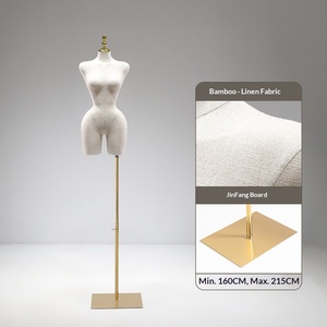Maniquí de Medio Cuerpo Femenino de Tela de Lino <span class=keywords><strong>con</strong></span> <span class=keywords><strong>Brazos</strong></span> <span class=keywords><strong>Articulados</strong></span> de Madera y Base Dorada para Exhibición en Tiendas de Ropa - Product Image 6