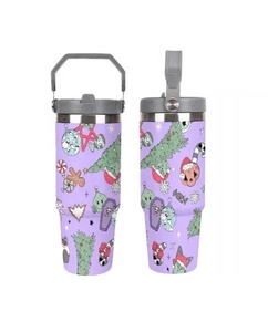 Vaso de paja con tapa de diseño navideño de dibujos animados morados con asa, tazas de doble pared de viaje de acero inoxidable para coche - Product Image 1