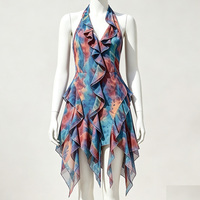 Robe mini d'été à col halter et imprimé tie-dye, style vacances, avec volants, taille cintrée et ourlet asymétrique, personnalisation OEM disponible