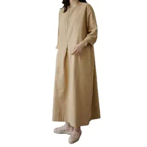 2021 Women New Fashion Plus Size Front Open O Neck Long Sleeves Plain Simple dress For Muslim