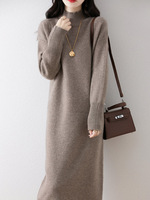 Robe en tricot midi 100% laine pour femme, robe pull à col roulé noire, coupe ajustée