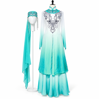 Costume de danse folklorique ethnique moderne professionnel, robe de scène bleu-vert dégradé avec broderie et ensemble de manches transparentes