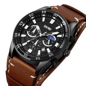 Reloj cronógrafo para hombre, reloj de pulsera multifunción con fase lunar y correa de cuero, reloj deportivo de cuarzo resistente al agua hasta 30M - Product Image 1