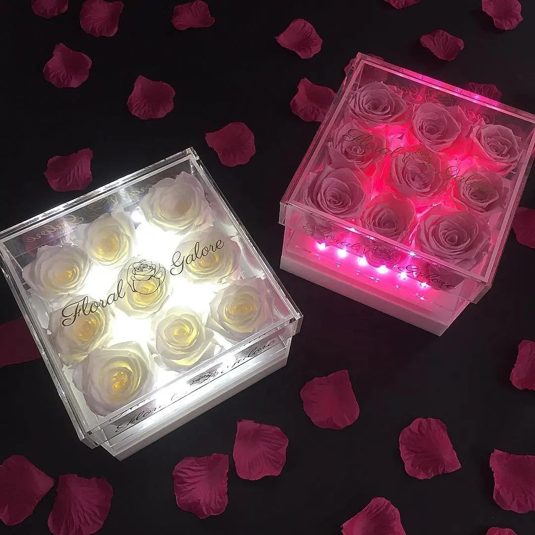 Glamdisplay透明LEDアクリルフラワーボックスディスプレイルーサイトローズパッケージボックス結婚式のボックスディスプレイ用