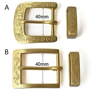 40mm 4.0cm inner width mens high quality solid brass 3D embossed engraved tang flower shape 2 pcs buckle set pin belt buckles