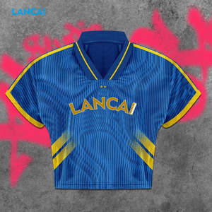 Camiseta Deportiva de Fútbol para Mujer, Estilo Millennium Girl, Cuello en V, Tejida, Manga Corta, con Parches y Rayas, Estilo Retro Urbano, para Estados Unidos, Canadá y México - Product Image 2