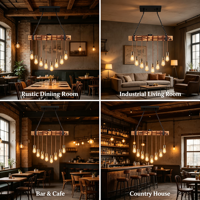 Luminaire suspendu en bois rustique industriel à 8 lumières, ampoule Edison vintage, lampe suspendue linéaire pour îlot de cuisine, bar