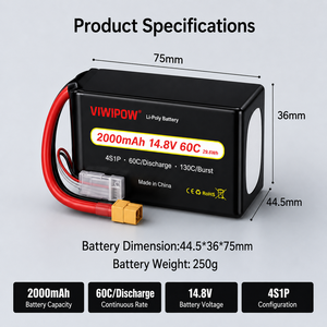 Batterie de drone OEM 60C à décharge rapide 2000mAh 14.8V 4S Lipo VIWIPOW XT60 pour drone de course FPV Quadcopter - Product Image 3