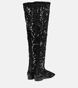 Botas de Encaje Negras para Mujer con Tacón de Bloque y Suela de Cuero de Lujo, Botas Altas hasta la Rodilla con Punta Cuadrada y Tela Elástica de Encaje - Product Image 5