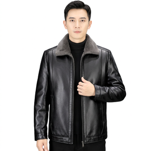 Men's Black Genuine <b>Leather</b> Bomber Jacket <b>with</b> Faux <b>Fur</b> Collar Zipper Closure Waterproof Windproof Winter Warm <b>Coat</b> Regular Fit - Product Image 6