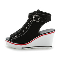 Sepatu Wedge High Heels Cepat Tersedia, Sandal Fish Mouth Platform, Sandal Wedge Heel Chunky, Sepatu Kasual Trendy Kanvas