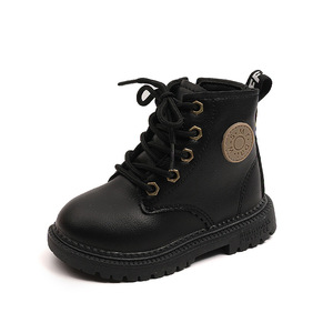 Bottes d'automne et d'hiver pour enfants, style britannique, semelles souples, bottes en cuir anti-dérapantes, lacets, bottes courtes imperméables - Product Image 5