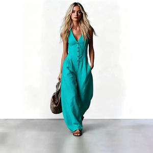 Combinaison d'été décontractée pour <span class=keywords><strong>femme</strong></span>, col en V, coupe ample, jambes larges, sans manches, longue, avec poches, tenue quotidienne, vêtement <span class=keywords><strong>de</strong></span> <span class=keywords><strong>travail</strong></span> - Product Image 2