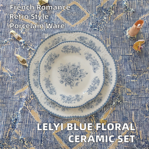 Service de vaisselle en céramique écologique bleu floral romantique rétro français - Assiettes, bols, tasses à café, assiettes à dessert, assiettes à steak - Product Image 2