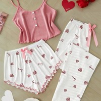 P346 Setelan Piyama Wanita Dua Potong Ukuran Besar dengan Pinggang Elastis, Motif Cetak Bentuk Bunga, Fashion Musim Semi