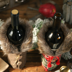 Christmas Plaid Faux Fur Wine Bottle Cover Button Design Wine Bottle Sleeve Xmas Dinner <b>Table</b> Party Decorative Wine Bottle - Product Image 6