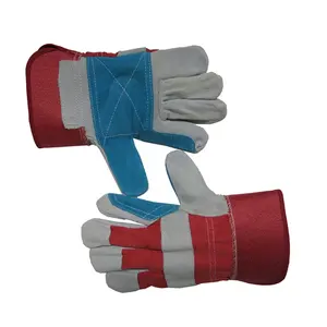 Red and blue cowhide Leather Gloves Safety Cuff Gardening Gloves with Heavy Duty Reinforced Palms Gardening